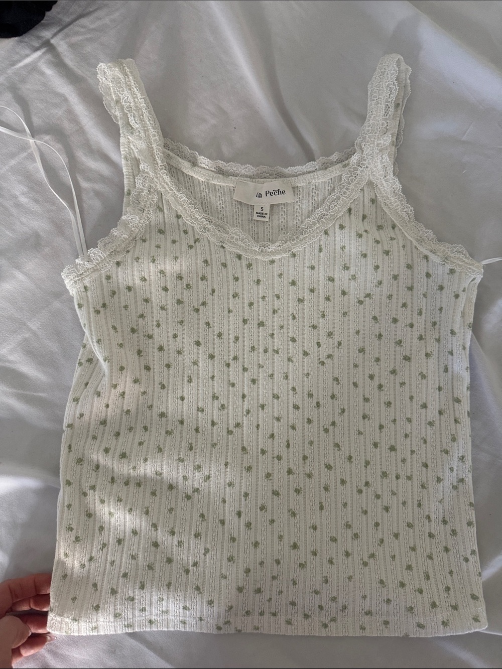 White Lace-Trim Ribbed Tank with Green Dot Print